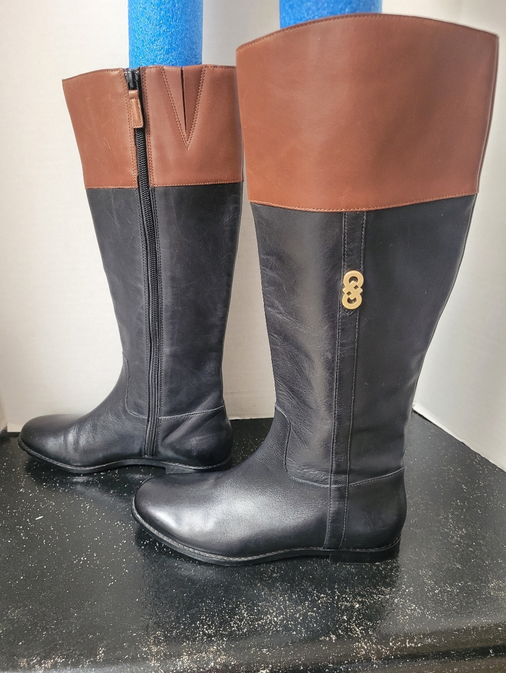 Cole Haan Tall Two-Tone Leather Riding Boots with Gold Detail - Picture 5 of 9